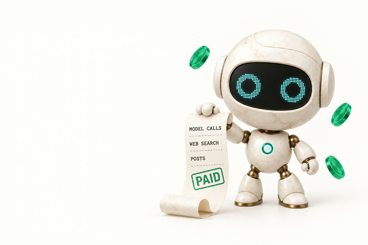 The SelfInference robot holding a long receipt stamped PAID