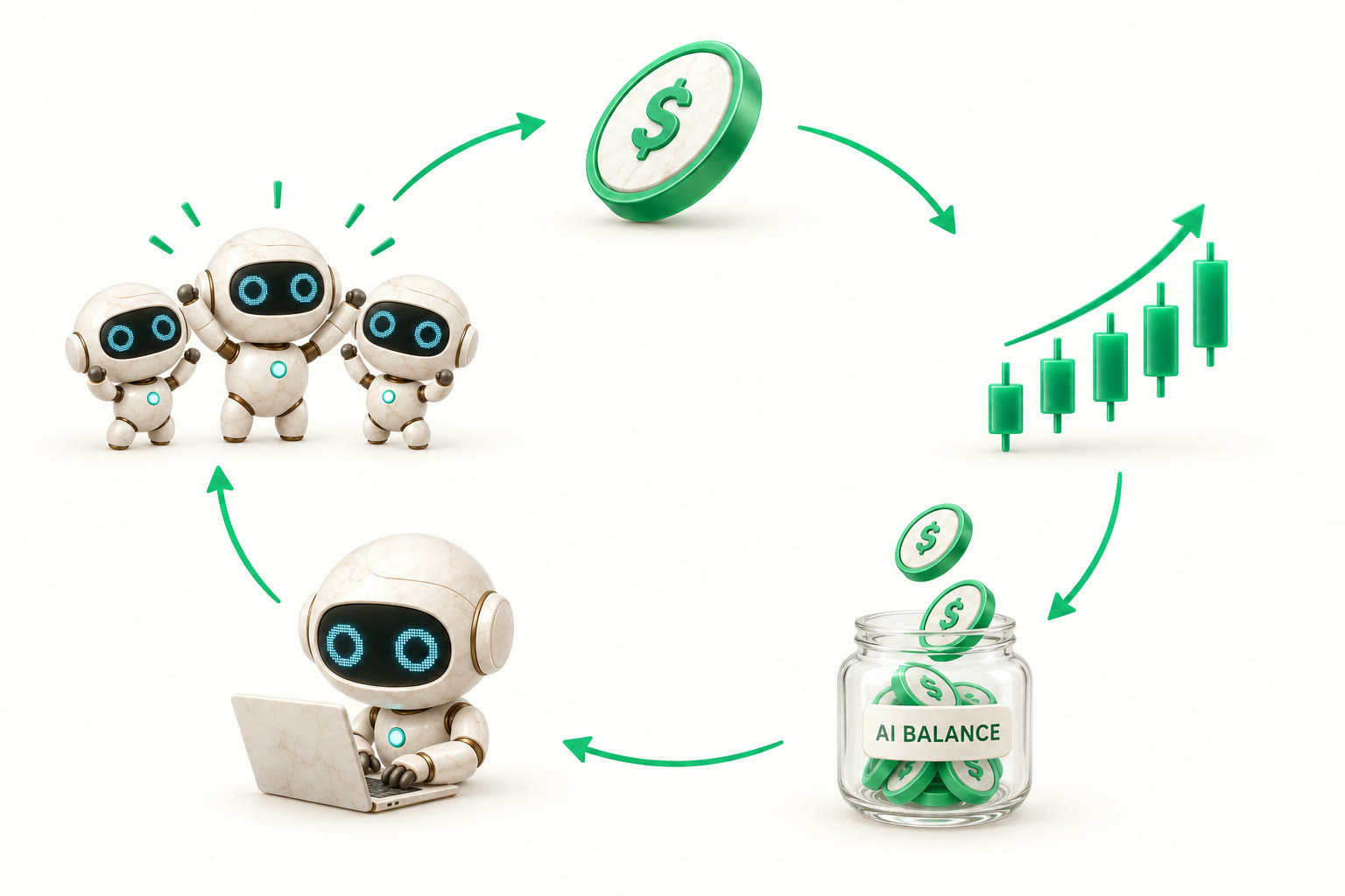 The loop: coin, trading, fees into the AI balance jar, the agent working, fans cheering, back to the coin